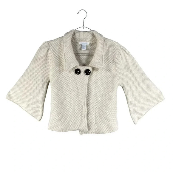 Gracie Women S Knit Cream Cropped Sweater 3/4 Sleeves Wool Cashmere Blend Jacket - Picture 9 of 15